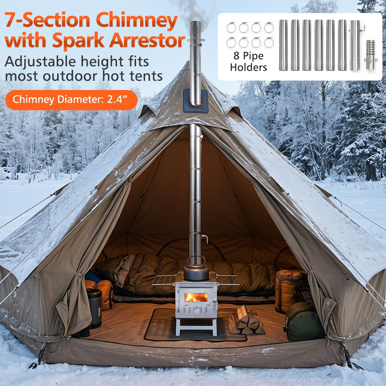 Hot Tent Stove, Portable Wood Burning Stove w/7 Chimney Pipes & Spark Arrestor