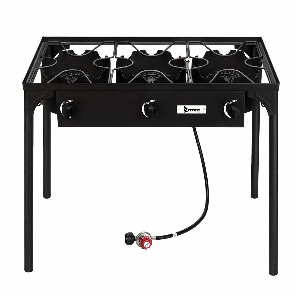Outdoor Camping Stove 3 Burner Propane Cooker w/ Legs and Regulator 225,000-BTU