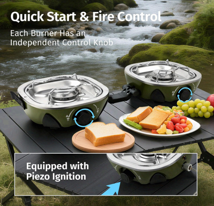 Portable 2 Burner Propane Camping Stove 20,000 BTU w/ Bag Green