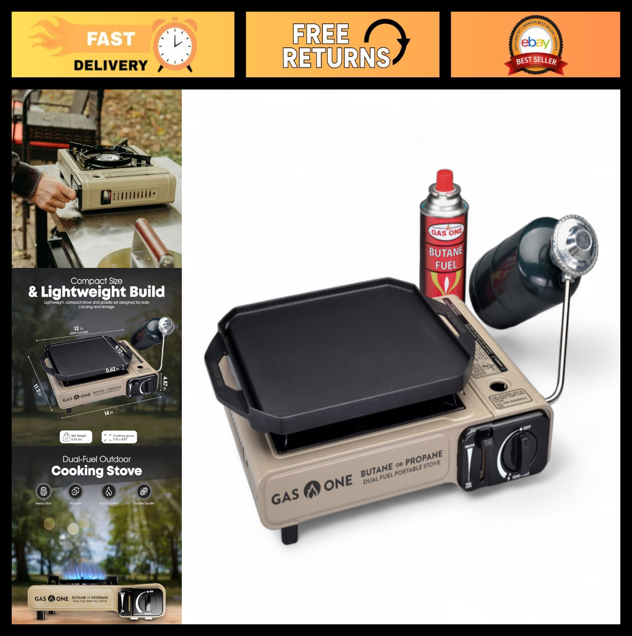 Dual Fuel Propane Butane Stove with Flat Top Griddle – Portable Camping Grill, N