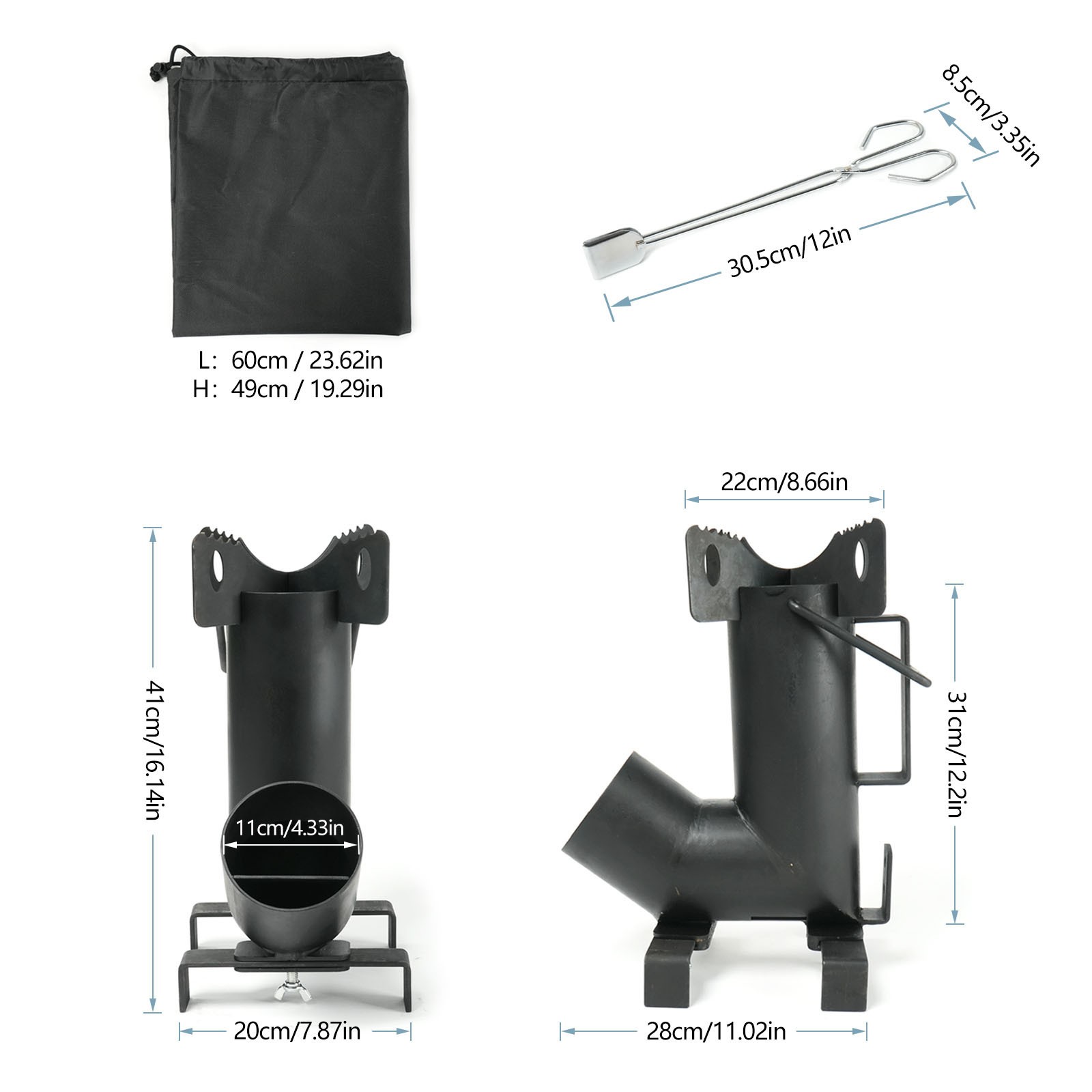 Wood Burning Rocket Stove, Camping Rocket Stove with Fire Tongs & Storage Bag