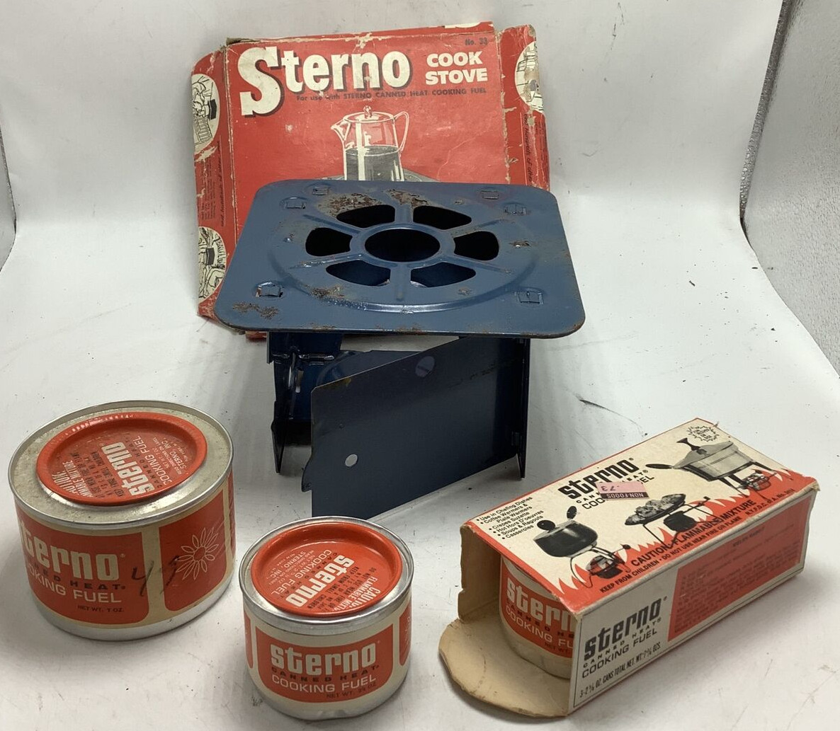 Bundle Vintage Sterno Folding Cook Stove No. 33 w/ Box and 4 cans cooking fuel