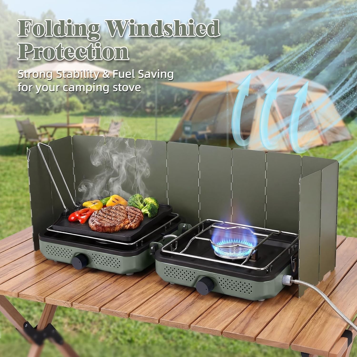 All-in-One Camping Stove Set: 2 Burners, Windscreen, Cutting Board & Grill Plate