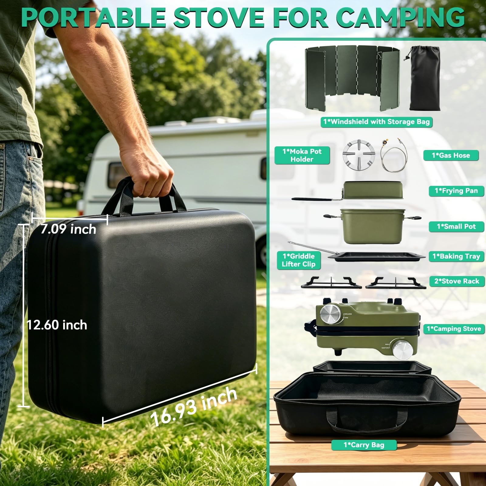 2 Burner Portable Propane Camping Stove Kit 24000 BTU Foldable Hiking Stove