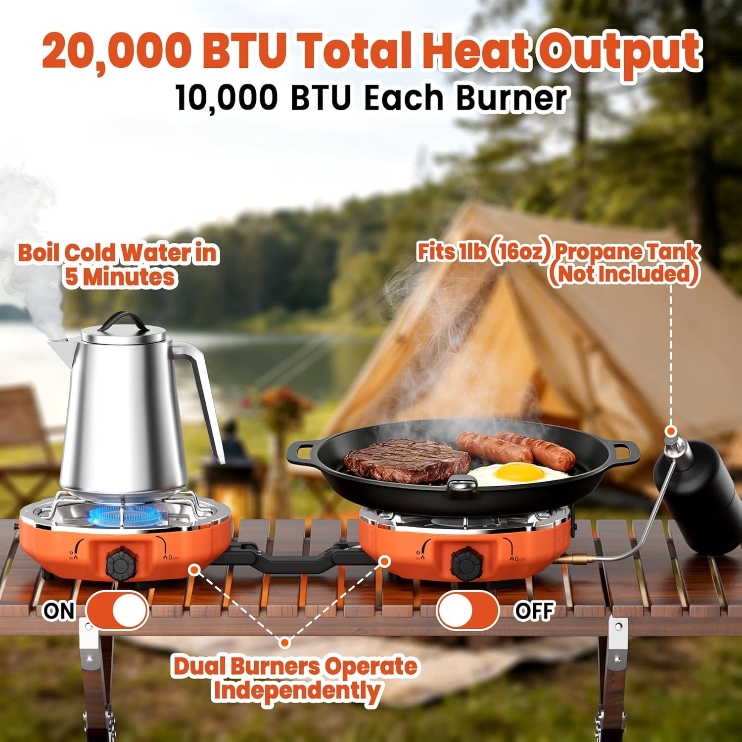 20,000 Btus 2 Burner Propane Camping Stove, Portable Folding Camp Stove with Adj