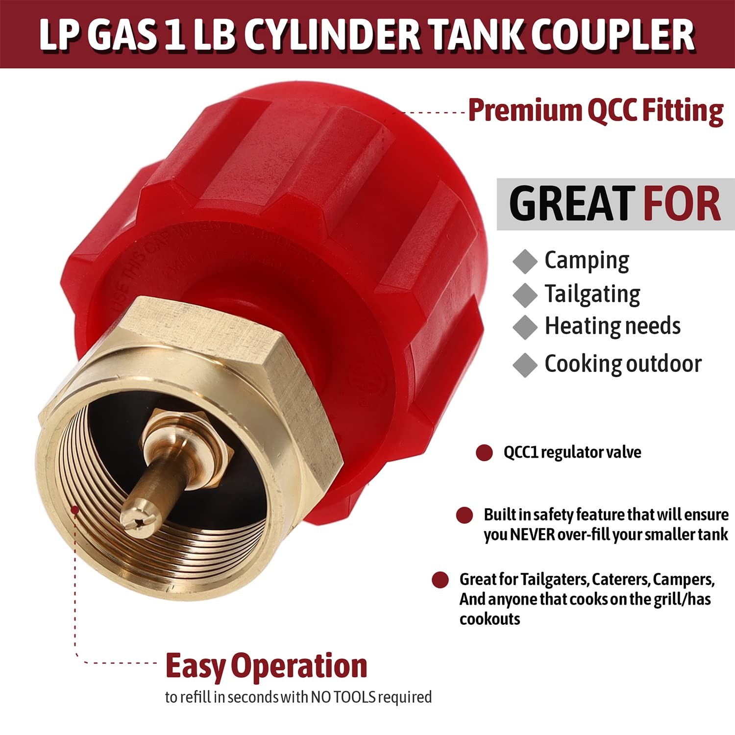 Gas One Propane Refill Adapter and 4ft Hose 1lb to 20lb – Red
