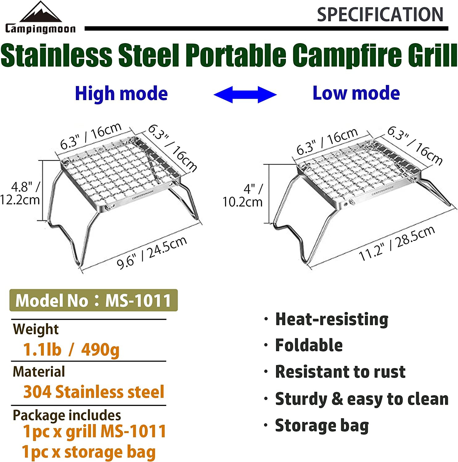 CAMPINGMOON Portable Folding Camping Campfire Grill over Fire Split Stoves 304 S