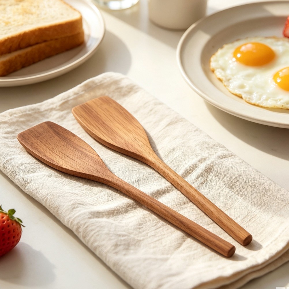 2pcs Wooden Kitchen Flat Spatula – Long Handle Mixing Spoons for Baking,