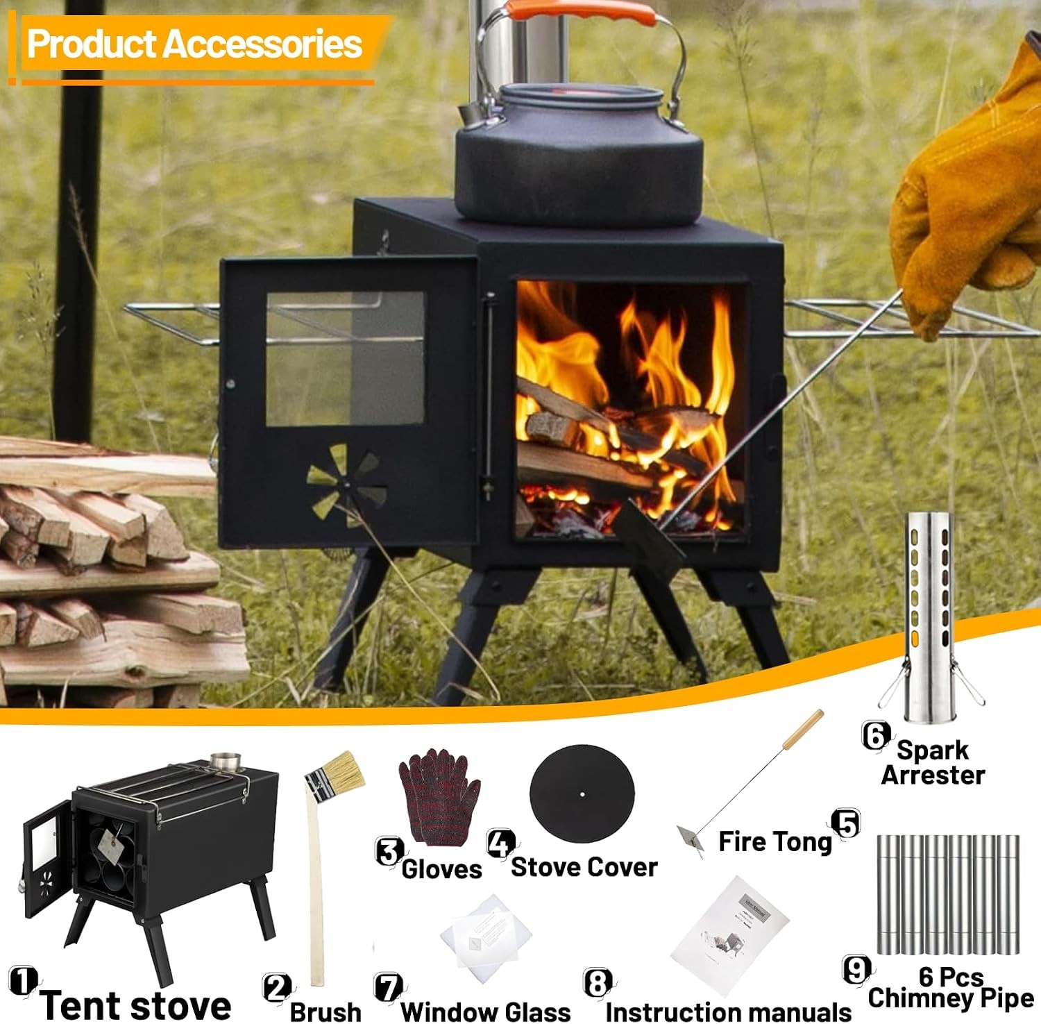 Hot Tent Stove Wood Burning Stove Portable Wood Stove W/ 12 Stainless Chimney