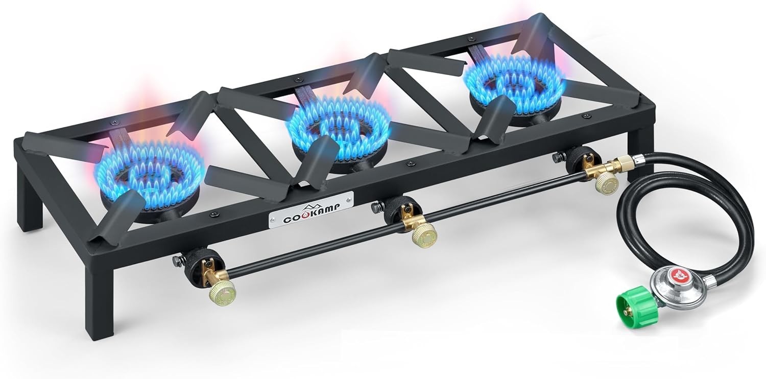 Outdoor Propane Triple Burner Stove Easy Setup with Certified Regulator