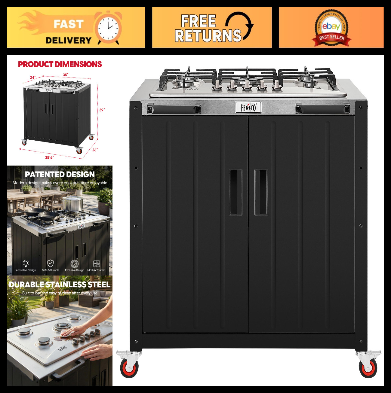 Outdoor Kitchen Island with Propane Gas Stove, 35″ Cooking Station, Stainless St