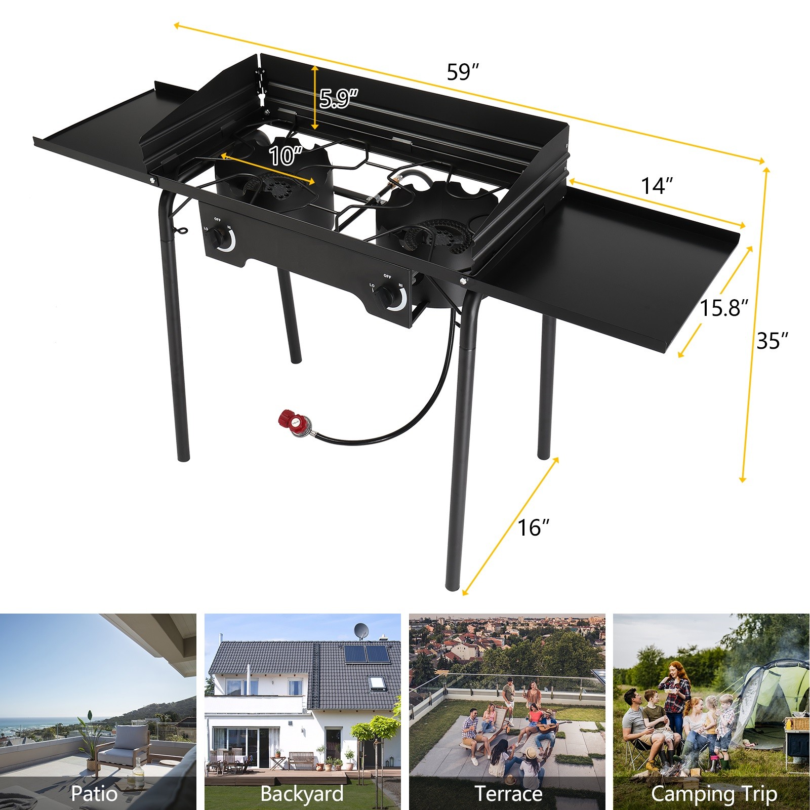Portable Propane 150,000 BTU 2 Gas Burners Outdoor Cooker Stove BBQ Grill, Black