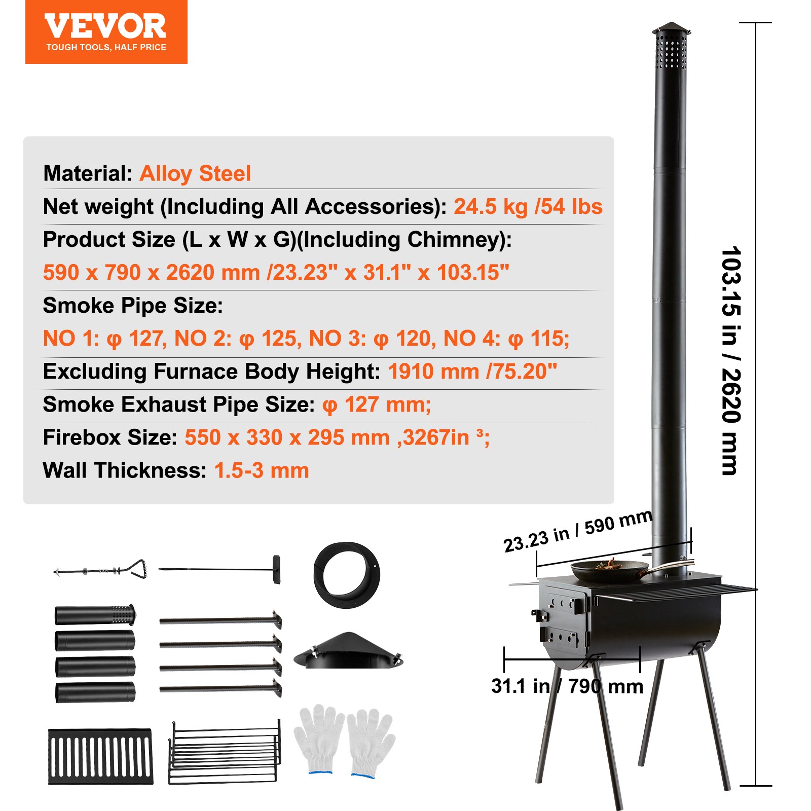 VEVOR Portable Wood Stove Camping Hot Tent BBQ Stove 118 in for Outdoor w/ Pipes