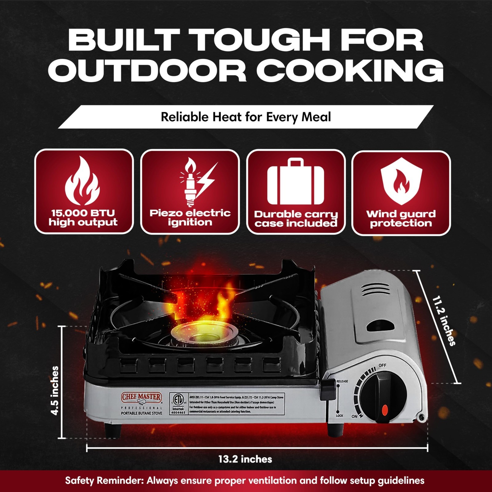 15,000 BTU Butane Portable Camp Stove | Double Wind-Guard Burner for Camping, Hi