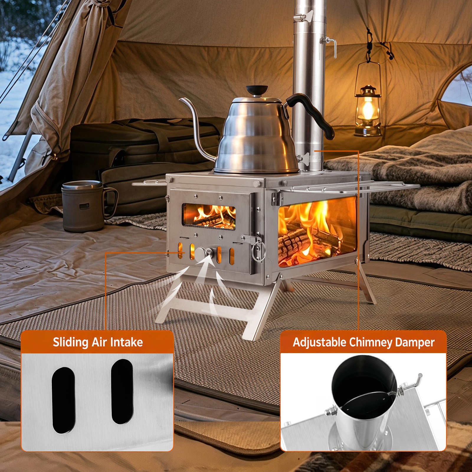 Hot Tent Stove Portable Wood Burning Stove with 7 Chimney Pipes Spark Arrestor