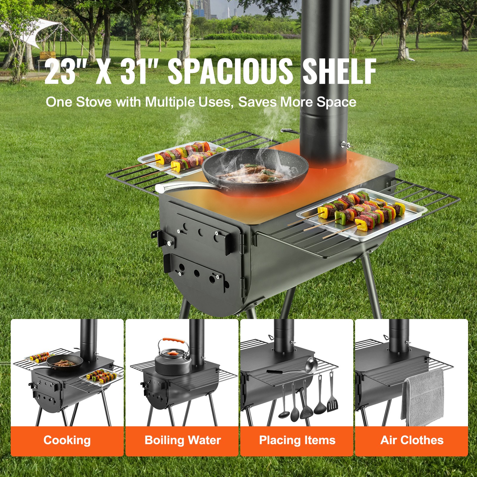 VEVOR Portable Wood Stove Camping Hot Tent BBQ Stove 118 in for Outdoor w/ Pipes