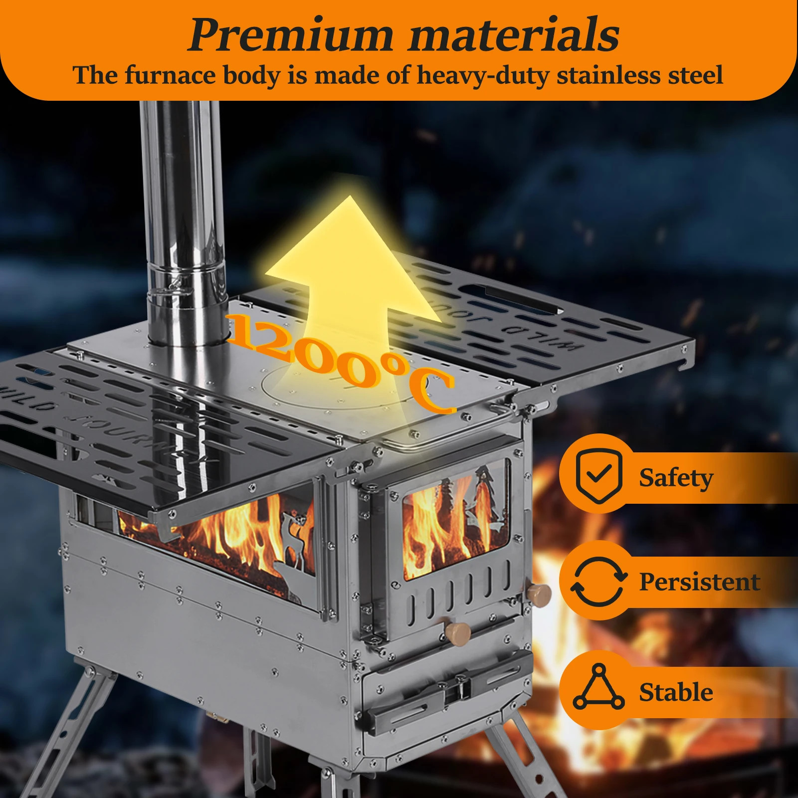 Camping Stove with Oven & Camping Table with Chimney Pipe Multi-Fuel Camp Stove