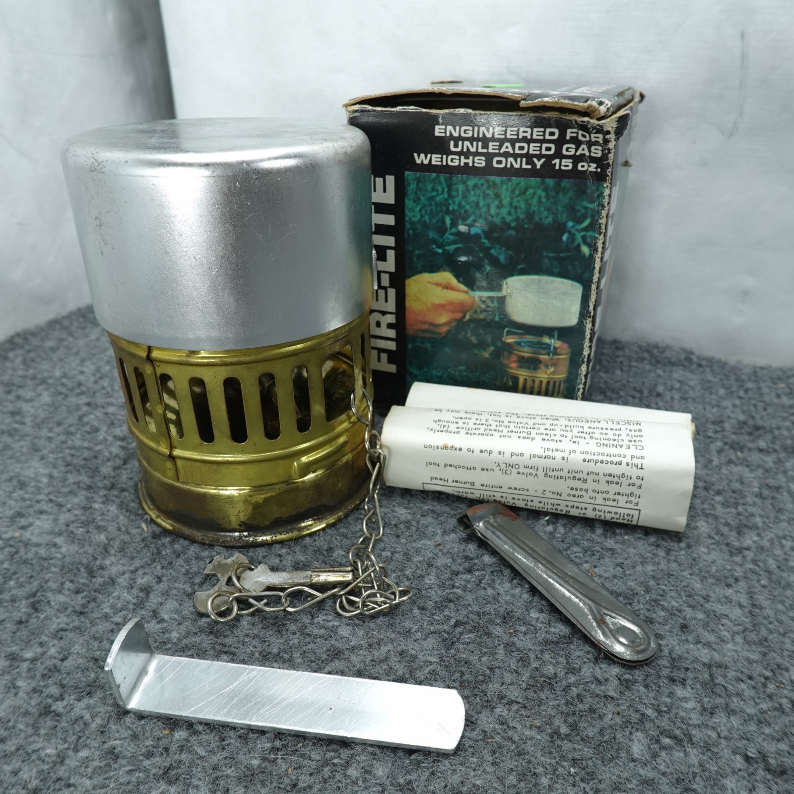 Fire-Lite Brass Backpacker Camp Stove 15oz W/ Box Accessories Vintage