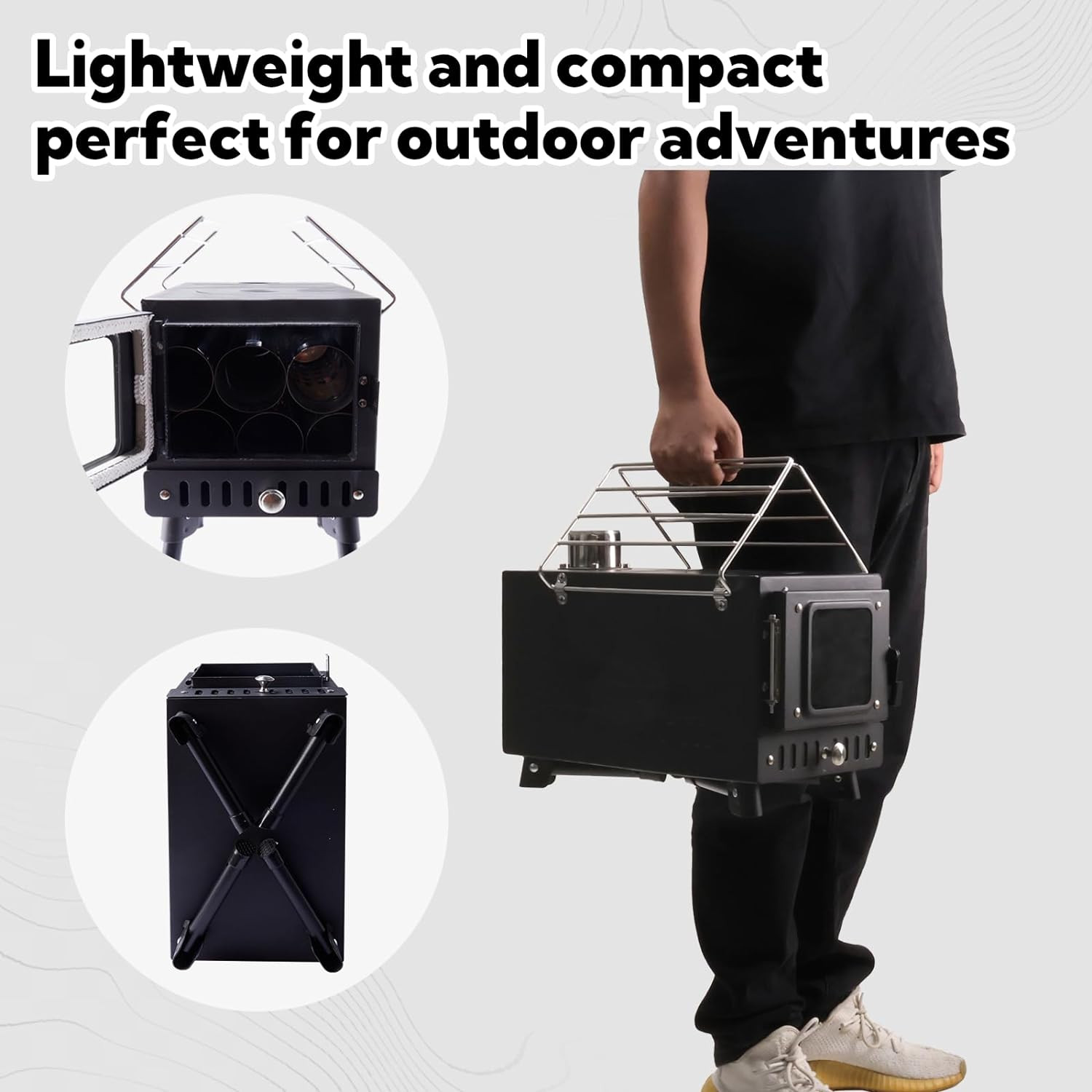 Portable Folding Wood Burning Camping Stove with Chimney Pipes & Spark Arrestor