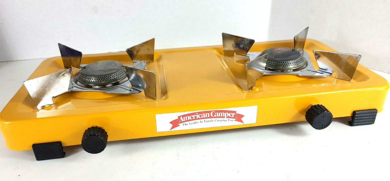 Vtg American Camper Low Profile Two Burner Propane Stove 1080B Yellow + BONUS!!
