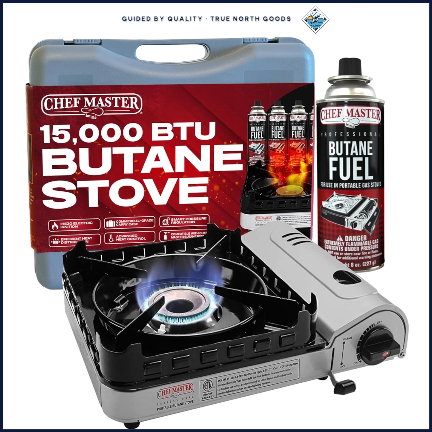 15,000 BTU Butane Portable Camp Stove with Piezo Ignition for Outdoor Cooking