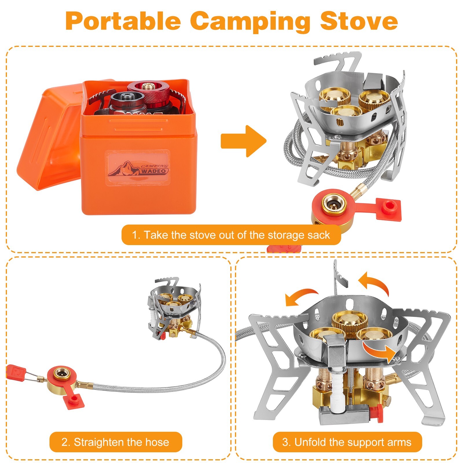 WADEO Windproof Camping Stove and Piezo Ignition 1 LB Propane Tank Adapter 6800W