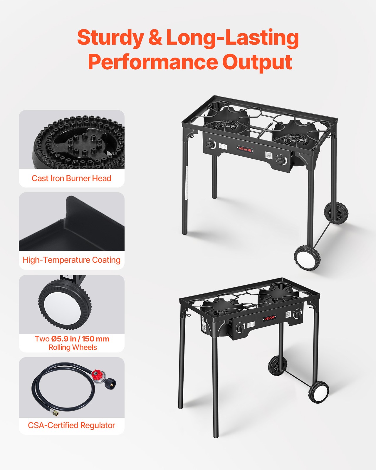 VEVOR 2 Burner Propane Gas Stove 150000 BTU Outdoor Camping Cooker with Wheels