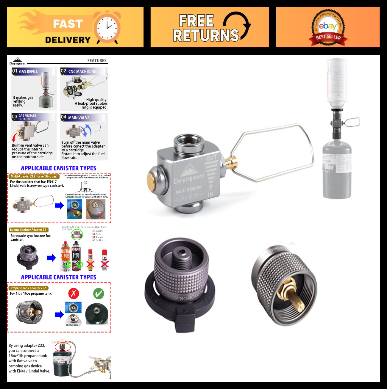 Butane Gas Refill Adapter for Camping – EN417 Lindal Valve to 1lb Propane Tank