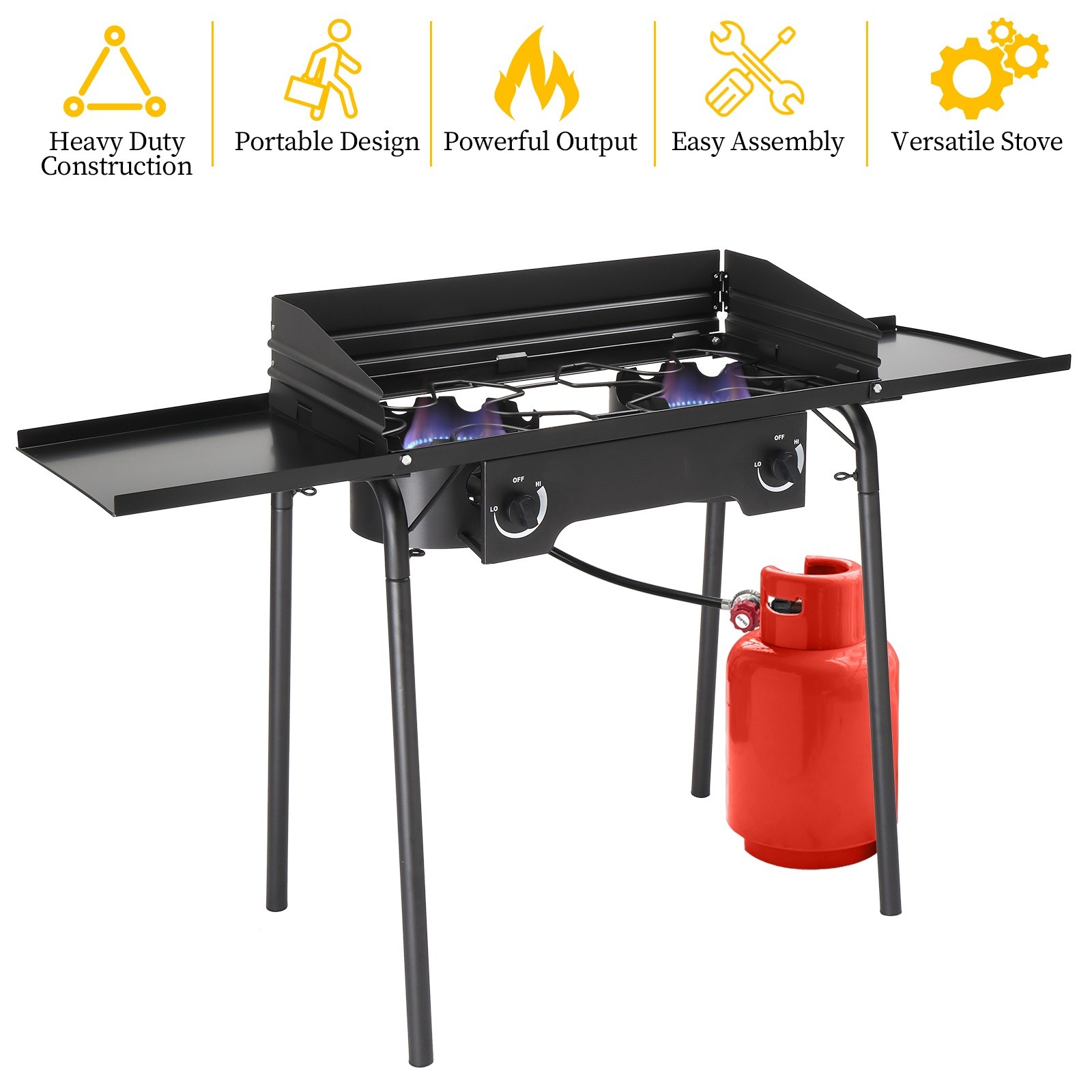 Portable Propane 150,000 BTU 2 Gas Burners Outdoor Cooker Stove BBQ Grill, Black