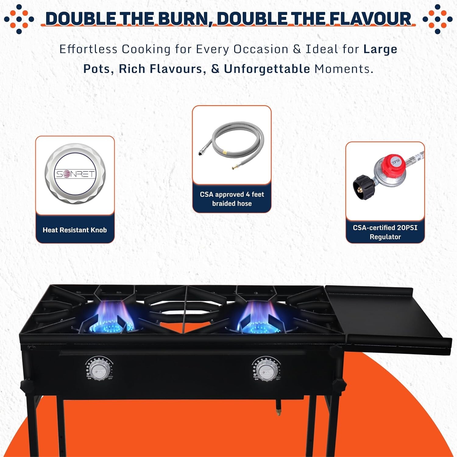 Double Burner Propane Stove – 1,50,000 BTU – with Detachable Legs & Side Shelf