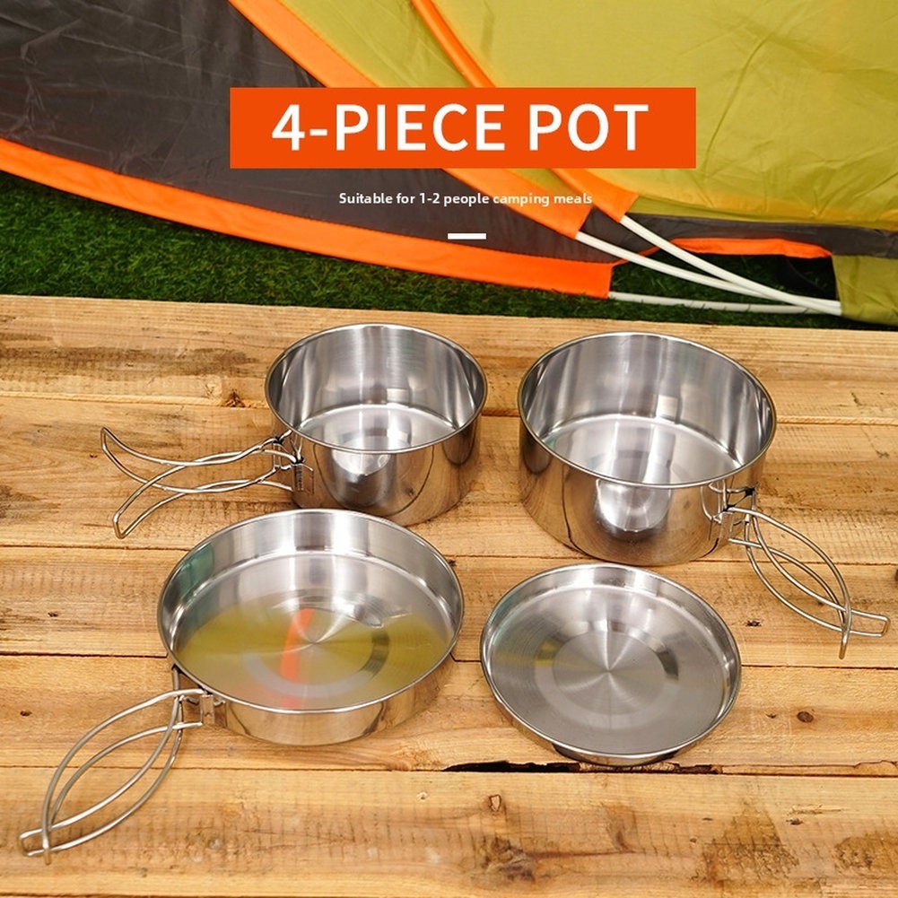 Outdoor 4-Piece Stainless Steel Cookware Set for 2-3 People Camping Hiking