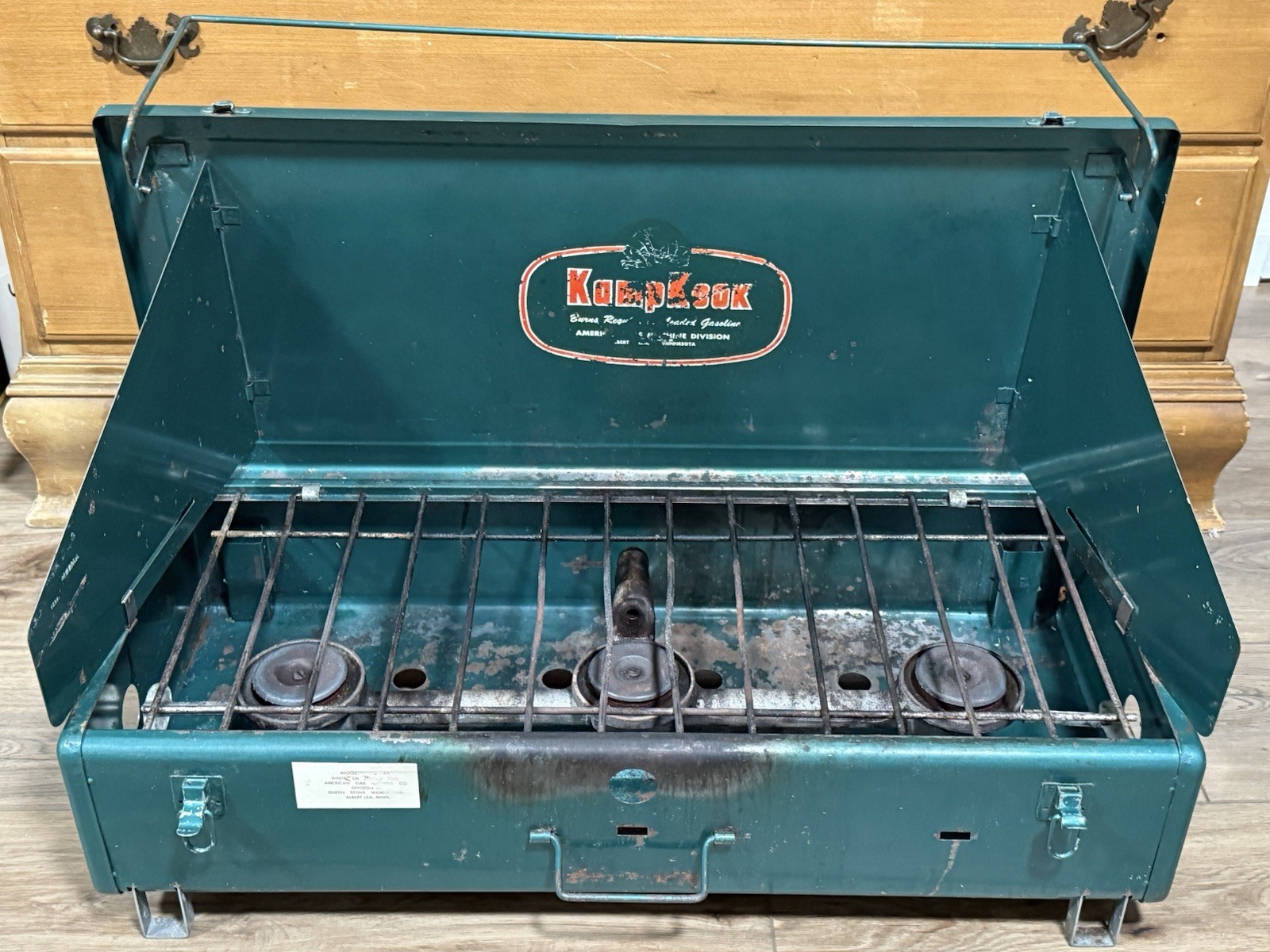 Vintage KampKook Three 3 Burner Teal Gas Camp Stove w/ Original Box (No Tank)
