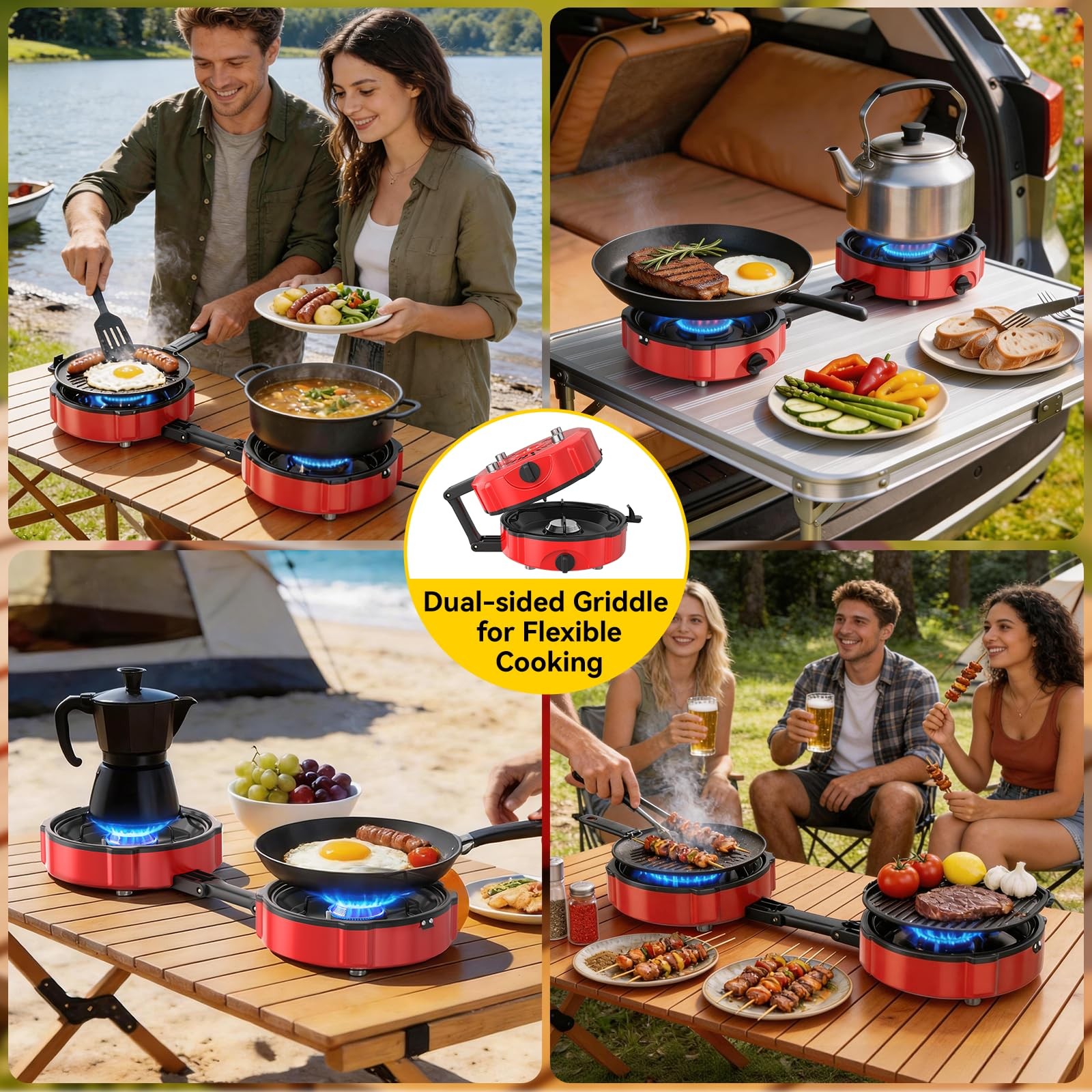 2 Burner Propane Camping Stove, 20000 BTU Foldable Portable Camp Stove Red