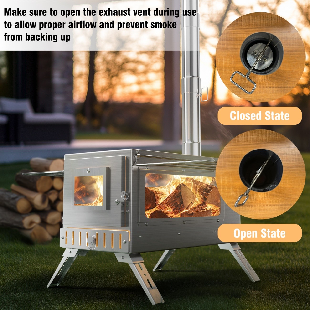 Portable Wood Burning Stove with 6 Stainless Chimney Pipes for Outdoor Hot Tent