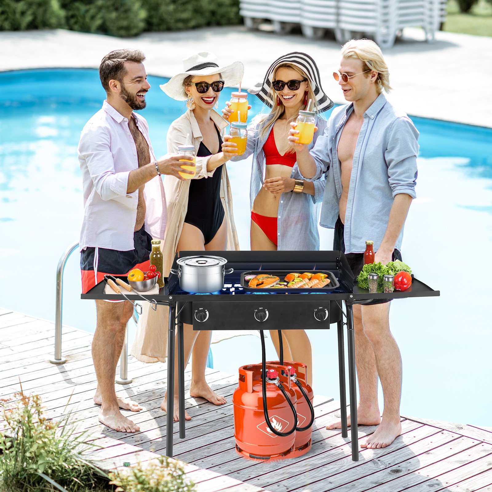 Propane 225,000-BTU 3 Burner Gas Cooker Outdoor Camping Stove BBQ Grill w/ Shelf