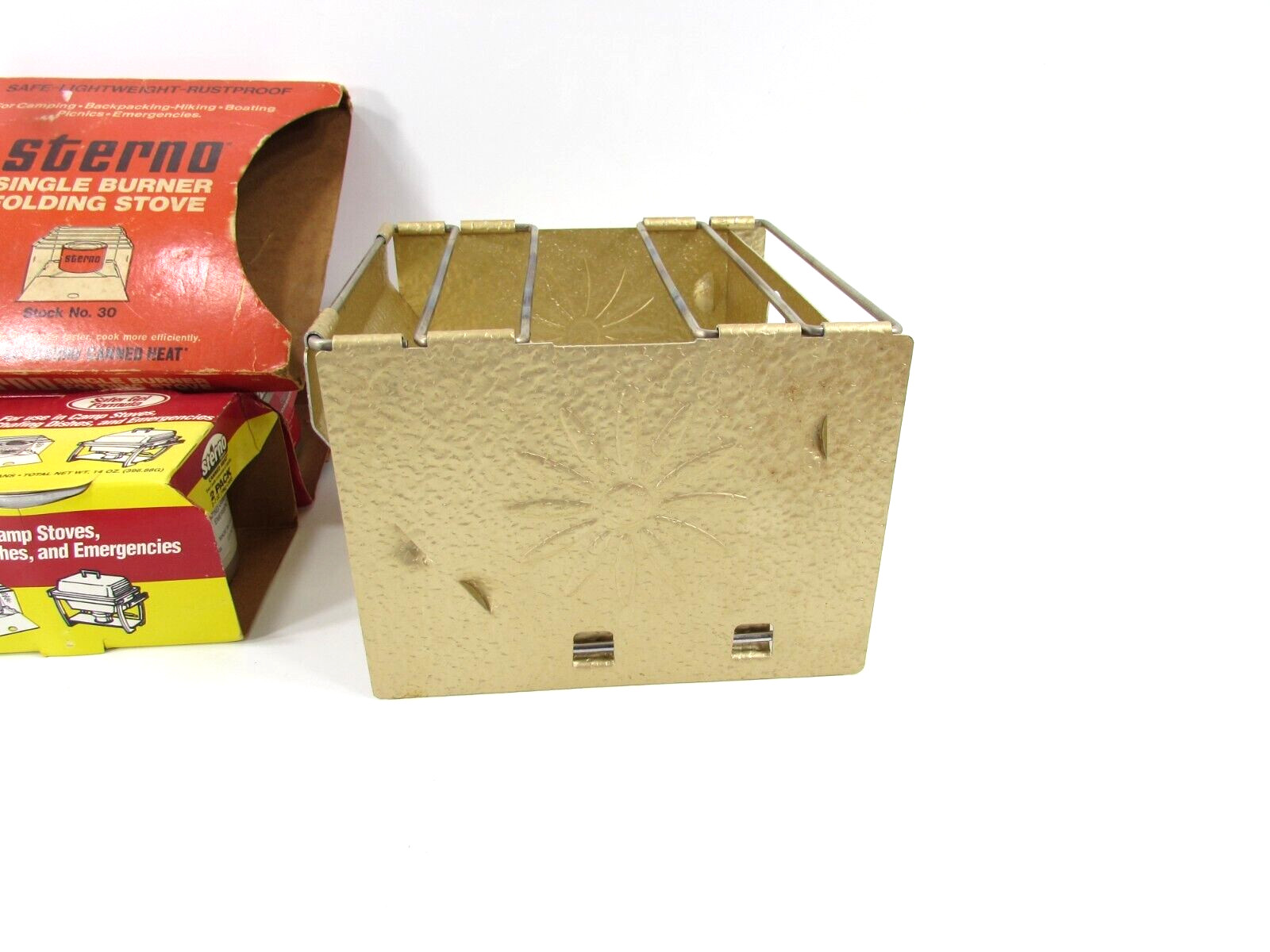 VTG. STERNO Folding Camp Stove Vintage Single Burner + 4 Cans 7 oz. Sterno Fuel