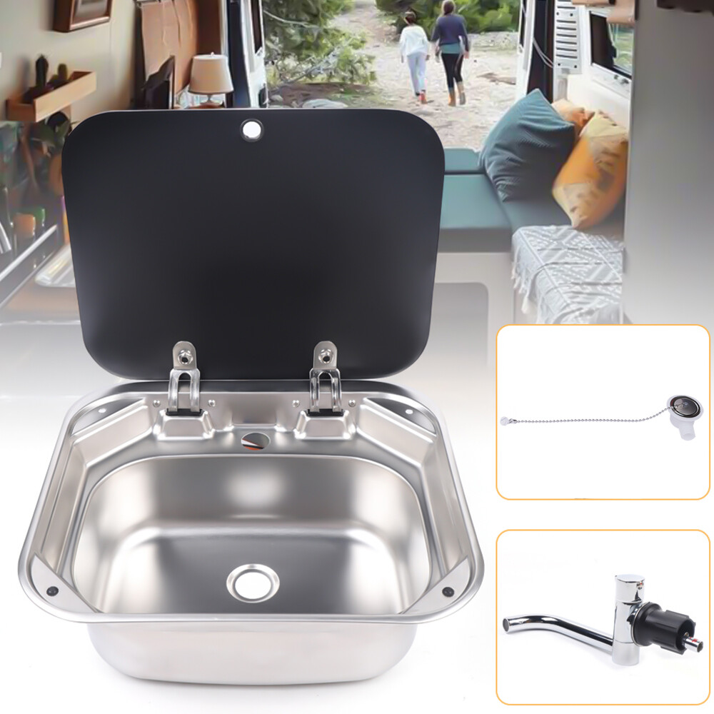 RV Caravan Camper Sink Stainless Steel Hand Wash Basin with Glass Lid & Faucet