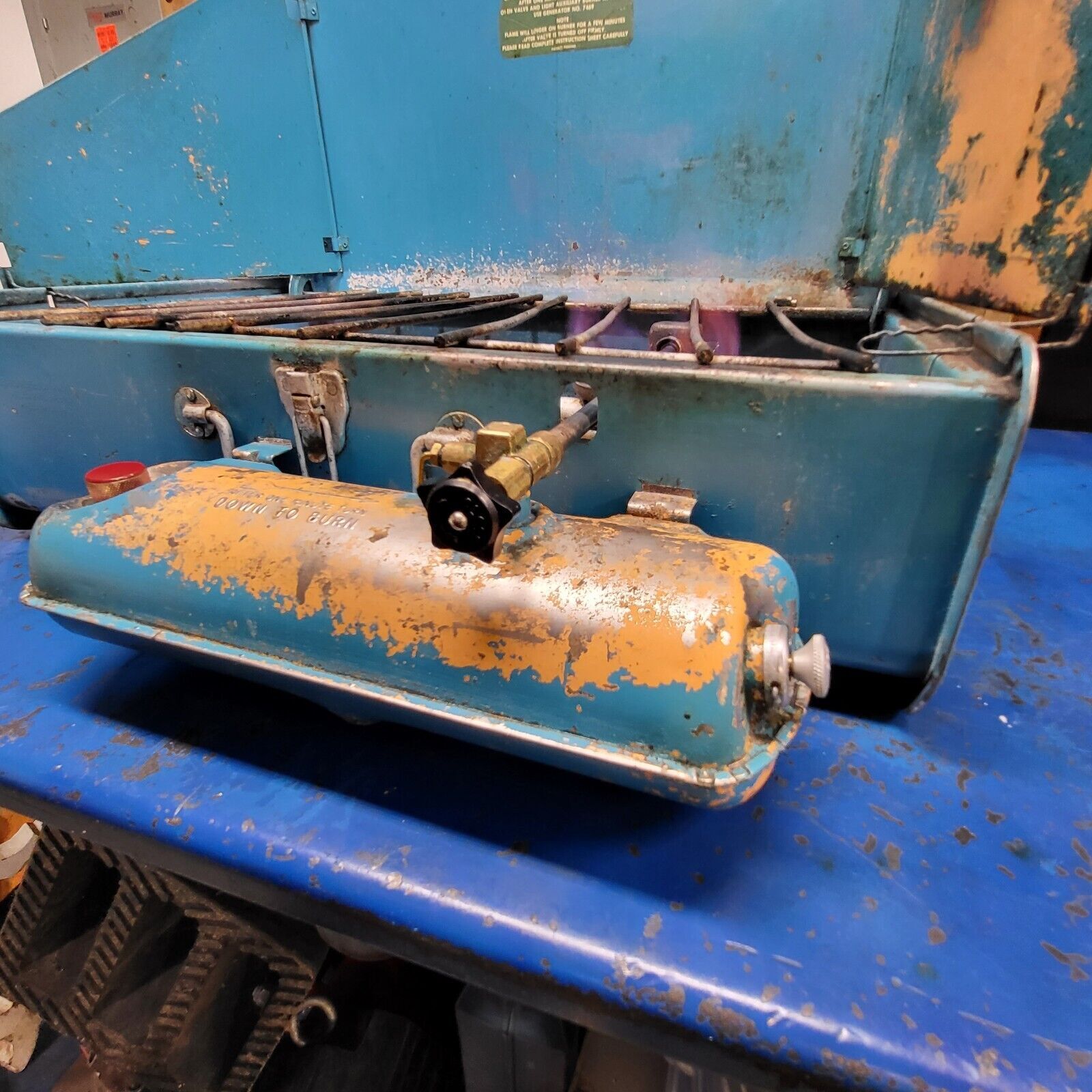 Vintage Sears 476.74970 Two Burner Camp Stove with Tank Blue Yellow Dated 1/66