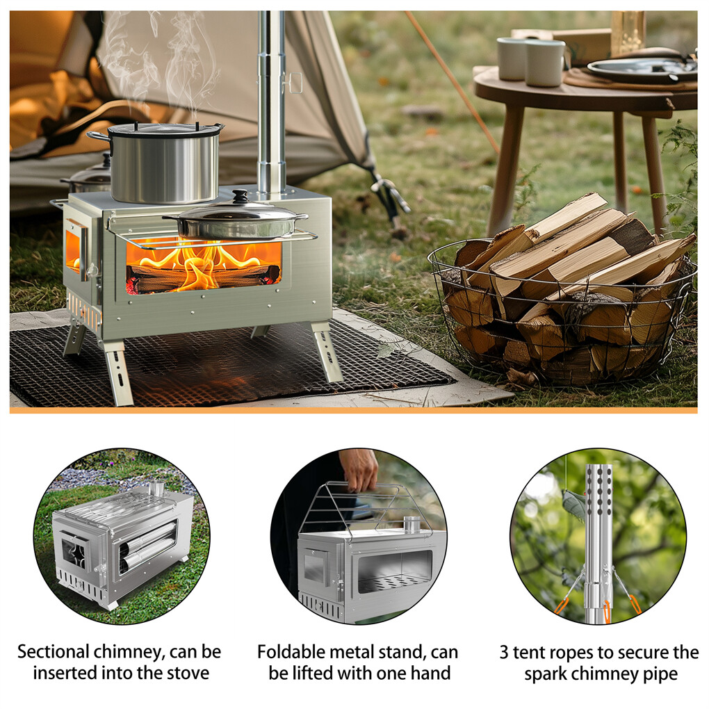 Stainless Steel Camp Tent Stove Log Wood Burning Stove for Outdoor Tent Shelters