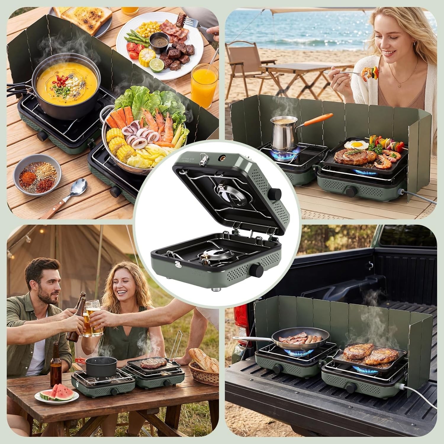All-in-One Camping Stove Set: 2 Burners, Windscreen, Cutting Board & Grill Plate