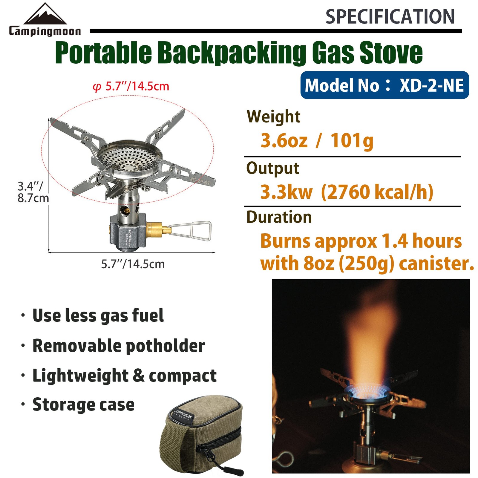 CAMPINGMOON Canister Stove Compact Foldable Micro Regulator 4Flex No Igniter