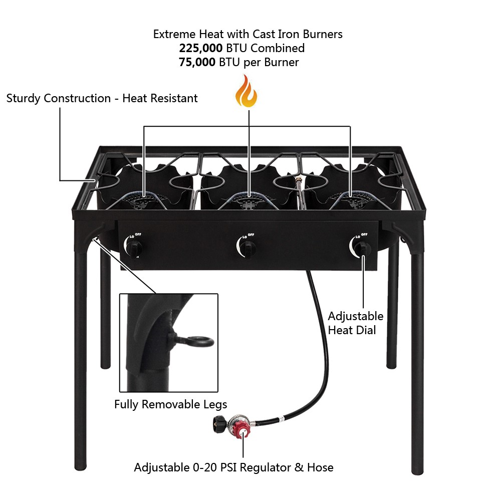 3 Burner Outdoor Camping Stove 225,000 BTU Propane Gas Cooker High Pressure
