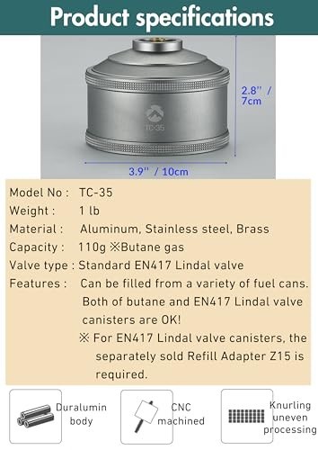 Campingmoon Refillable Gas Fuel Cylinder for Backpacking Camping Stove 110g