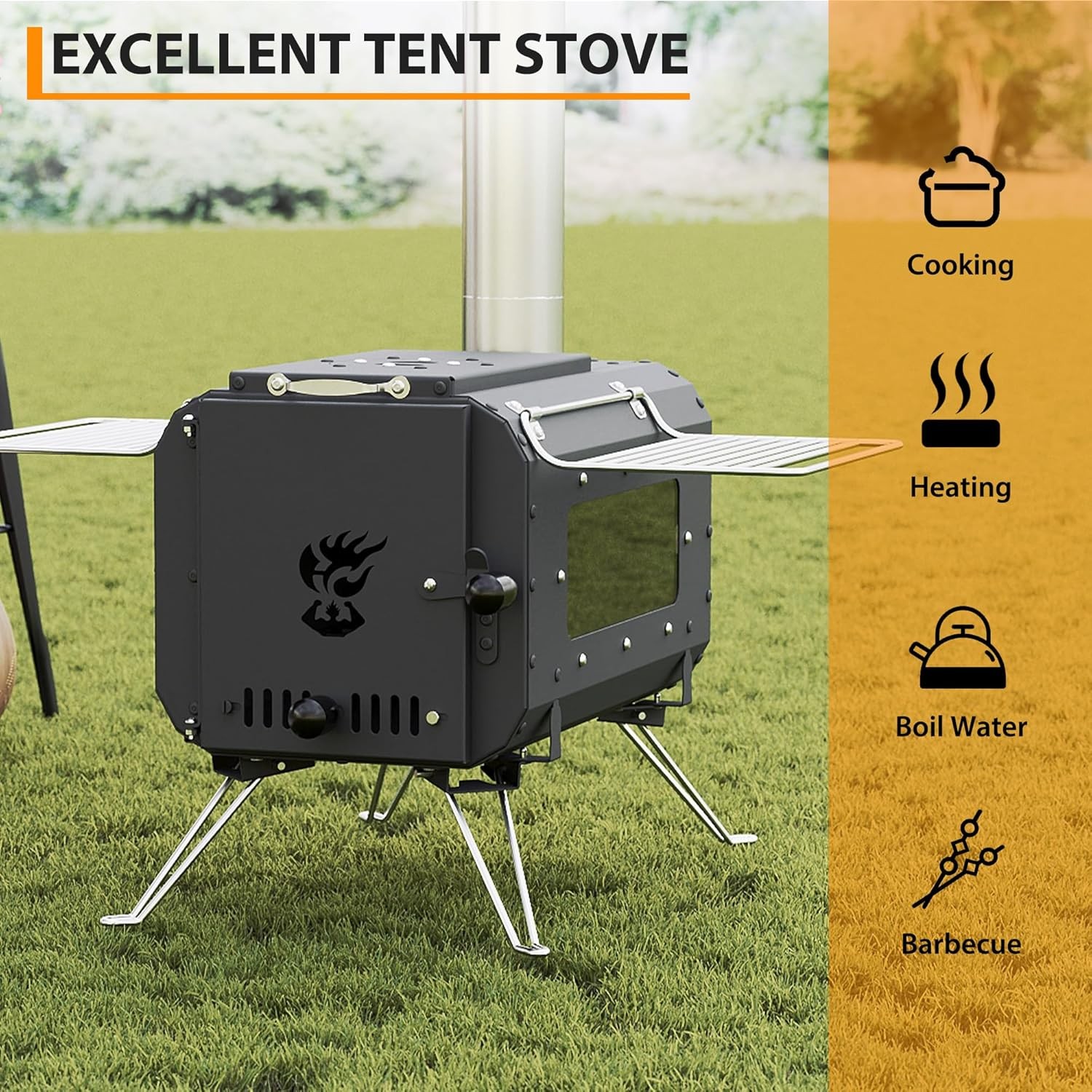 Portable Cast Iron Wood Stove W/ View Glass & Chimney for Tent Camping & Cooking