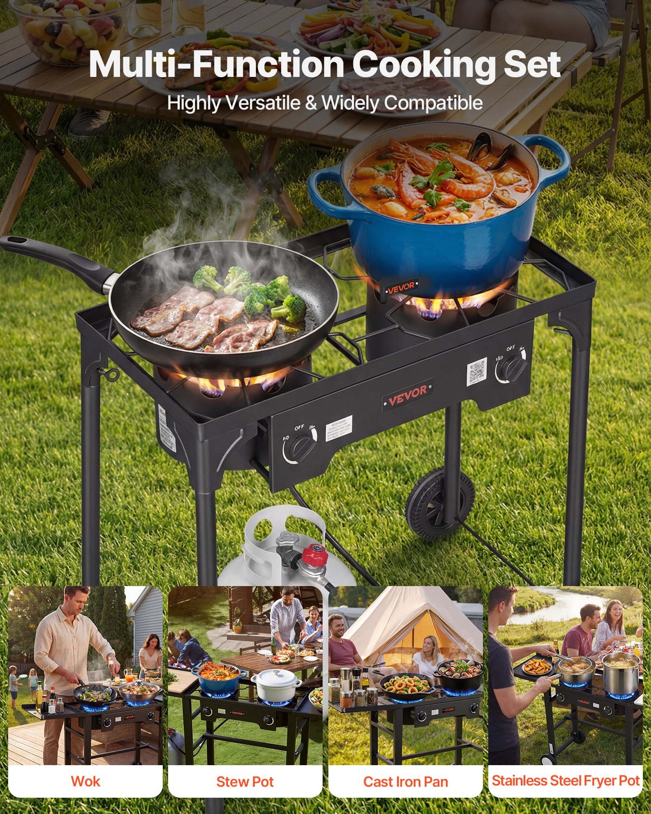 VEVOR 2 Burner Propane Gas Stove 150000 BTU Outdoor Camping Cooker with Wheels