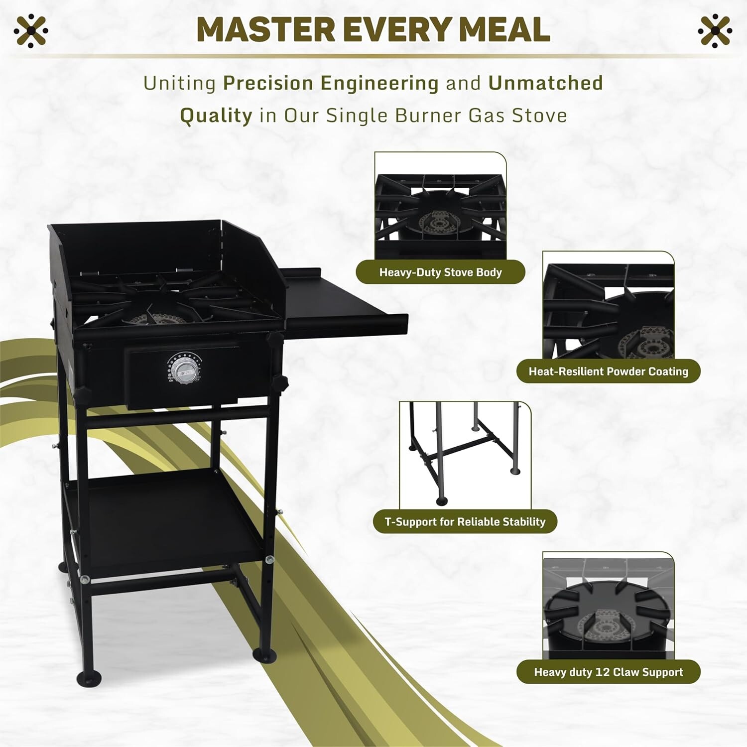 Single Burner Propane Camping Stove – with Side & Bottom Shelf and Wind Panel