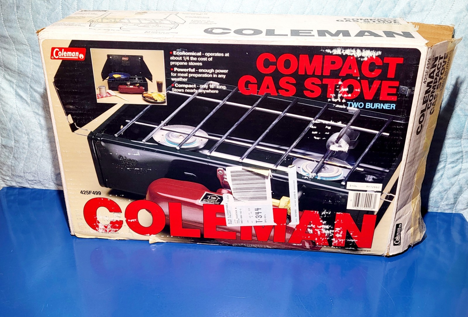 Vintage Coleman 425F499 Two Burner Camp Stove Fuel Gas Red Tank-NEW IN BOX, 8/88