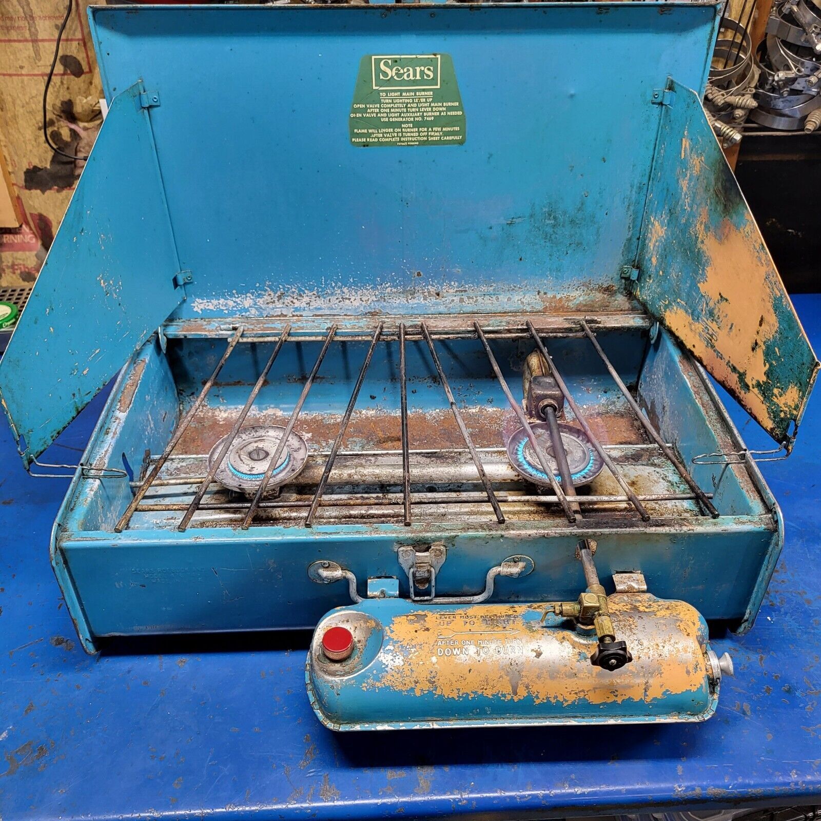 Vintage Sears 476.74970 Two Burner Camp Stove with Tank Blue Yellow Dated 1/66