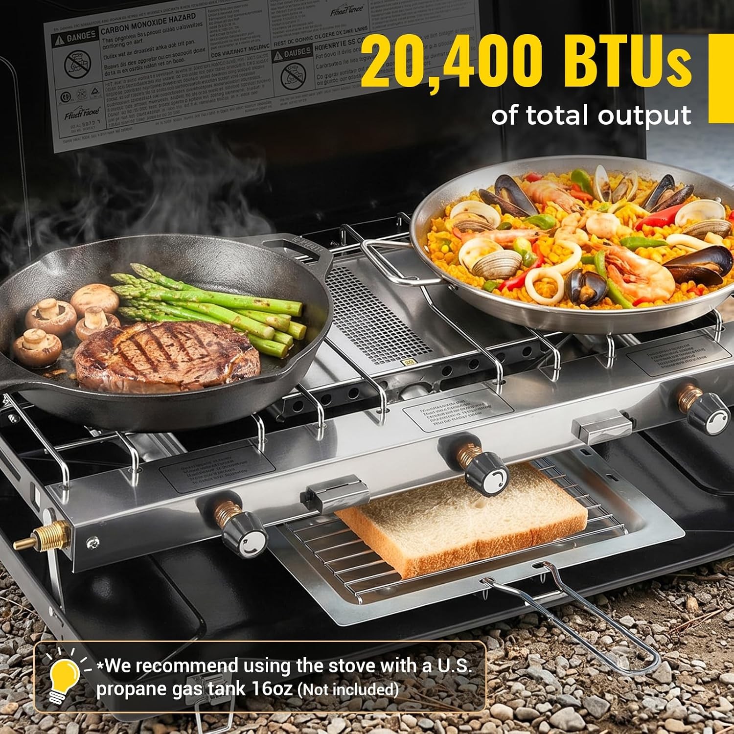 Camping Stove, Propane Portable Camp Stove, 20400BTU-3 Burners | with Toaster &
