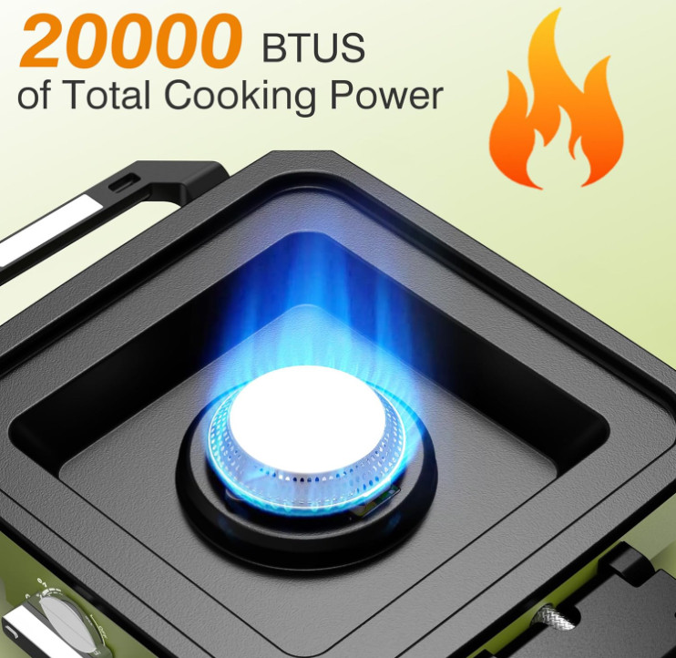 Cocina de Gas Portátil 2 Quemadores 20000 BTU con Paravientos, Sartén y Bolsa